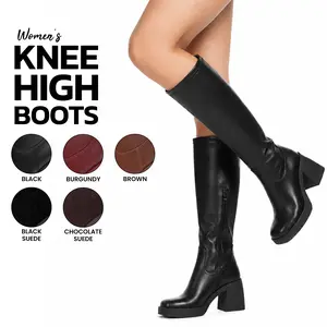 Womens Knee High Boots Square Toe Chunky Block High Heel Half Side Zipper Party Date Casual Street Style Dress Spring Comfortable Fashion Trendy Boots
