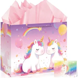 13" Large Unicorn Birthday Gift Bag with Greeting Card and Tissue Paper Party Favor Bags with Handle for Birthday Party Decorations