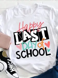 Wo Casual Short Sleeve T-Shirt - Happy LAST DAY OF Graphic Print 95% 5% Spandex High Elasticity Machine Washable Round Neck Tee for Spring Summer Fall Graduation Celebration and Back-to- Transition Summer Wardrobe Staple Playful Design Shirt