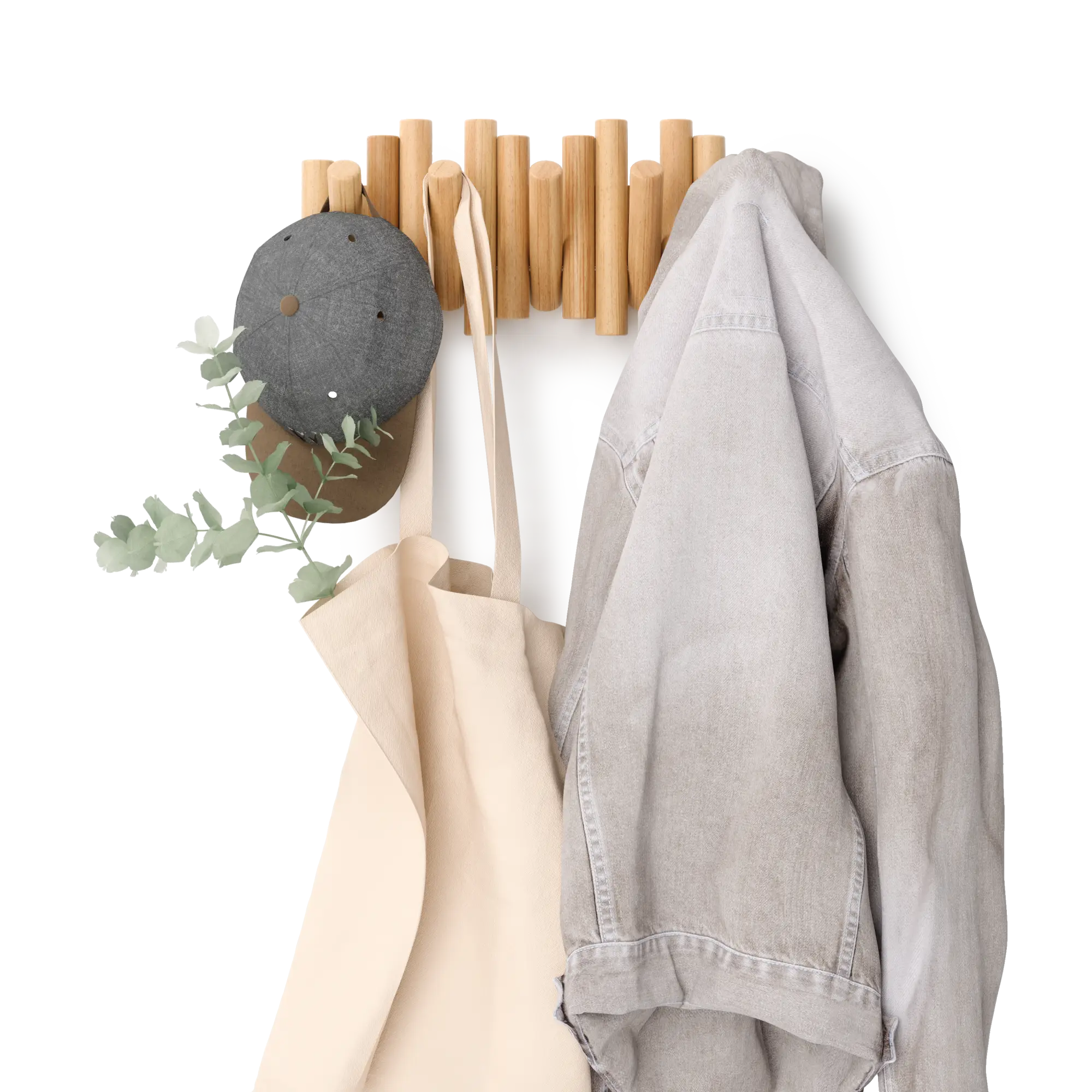 UMBRA Picket Wall Hook: 5 Flip-Down Hooks for Wall-Mounted Storage, Beveled Pine Wood Dowels, Real Wood Material Decor Wooden