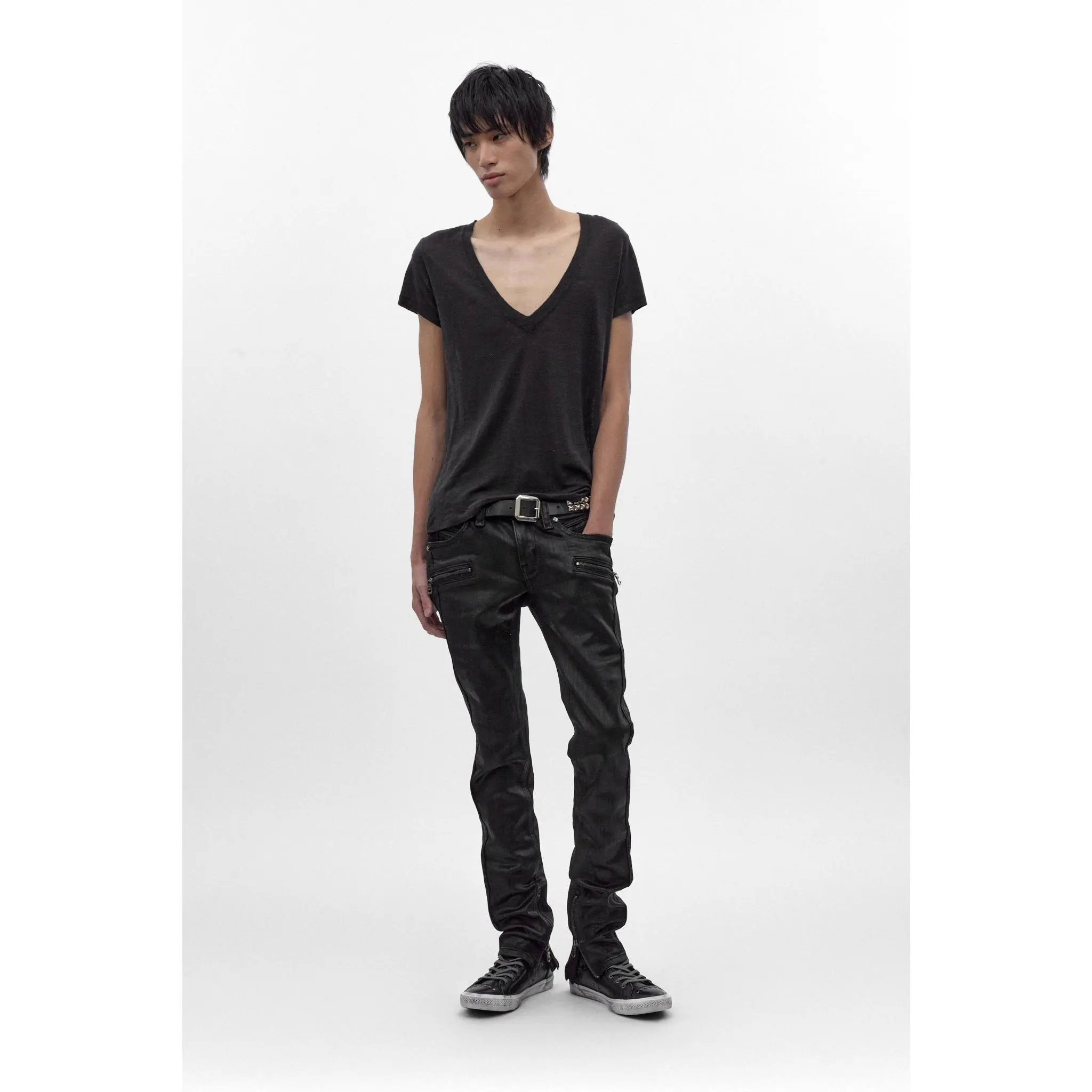 Rock Revival Men's Camille Black Coated Skinny Jeans, Low-Rise Stretch Denim with Gothic Embroidery with Leather Accents, Menswear, Fitted, Pants, Grunge Aesthetic, Multi-Pockets, Goth, Streetwear