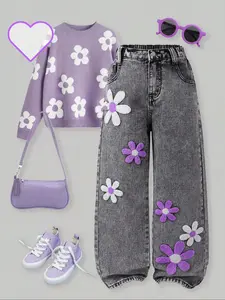 Girls' Washed Denim Jeans Fashion Cute Floral Eyelet Embroidery Loose Long Pants High Waist Elastic Back Suitable for All Seasons Casual Comfy Jeans