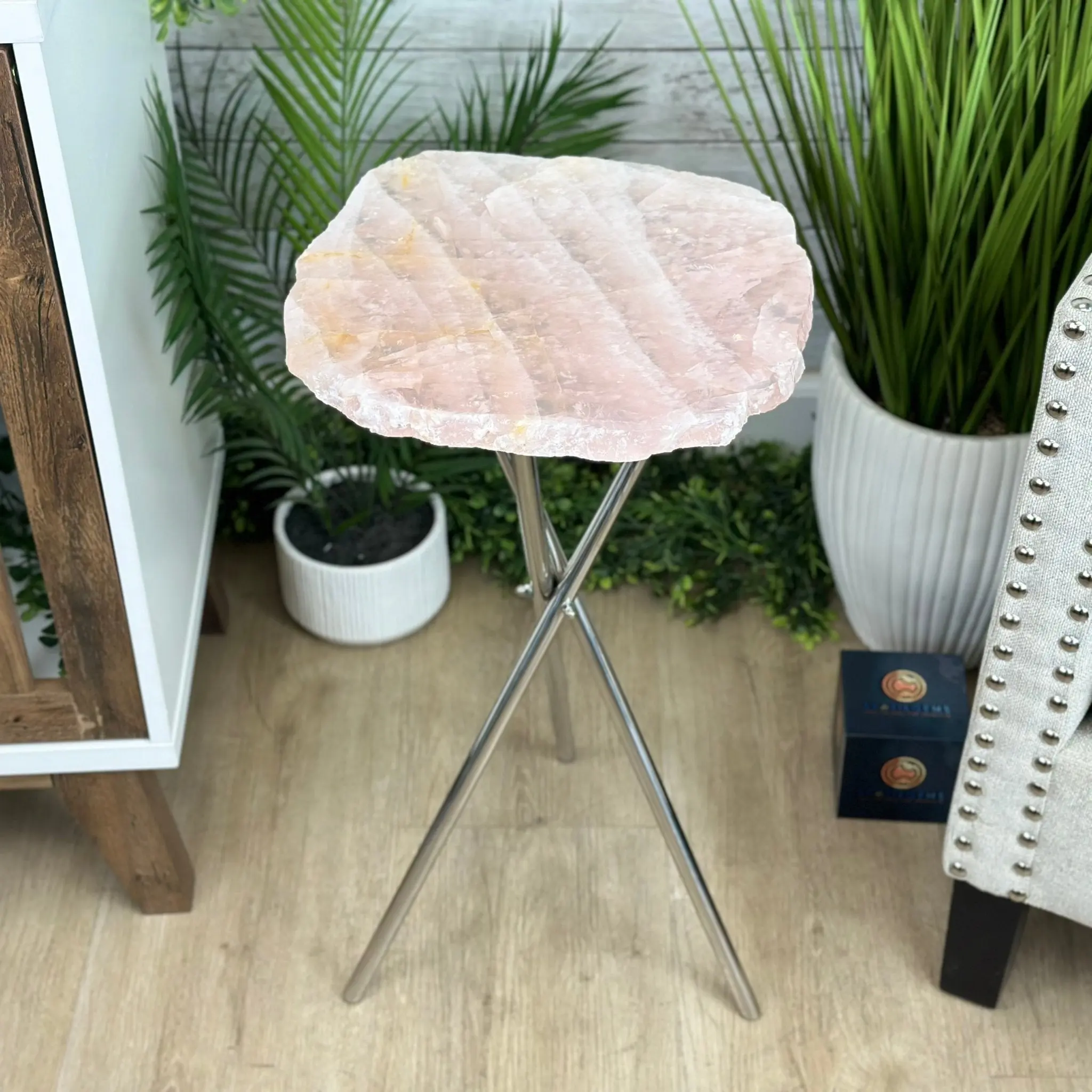 Natural Rose Quartz Side Table on Chrome Metal Base, 24.5" Tall #1341RQ-001