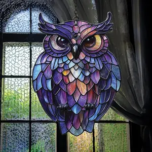Colorful Owl Acrylic Suncatcher, Faux Stained Glass Window Hanging, Mystical Owl Art for Home Decor