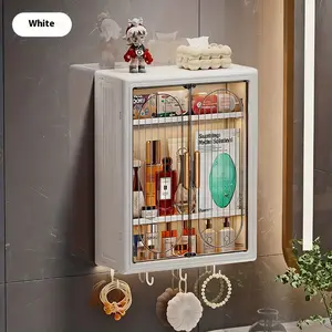 1 punch-free floating shelf, practical model, specially designed for bathroom and toilet, with adjustable shelf + hooks, heavy-duty plastic with door, space-saving wall-mounted storage cabinet, storage shelf for shampoo and skin care products