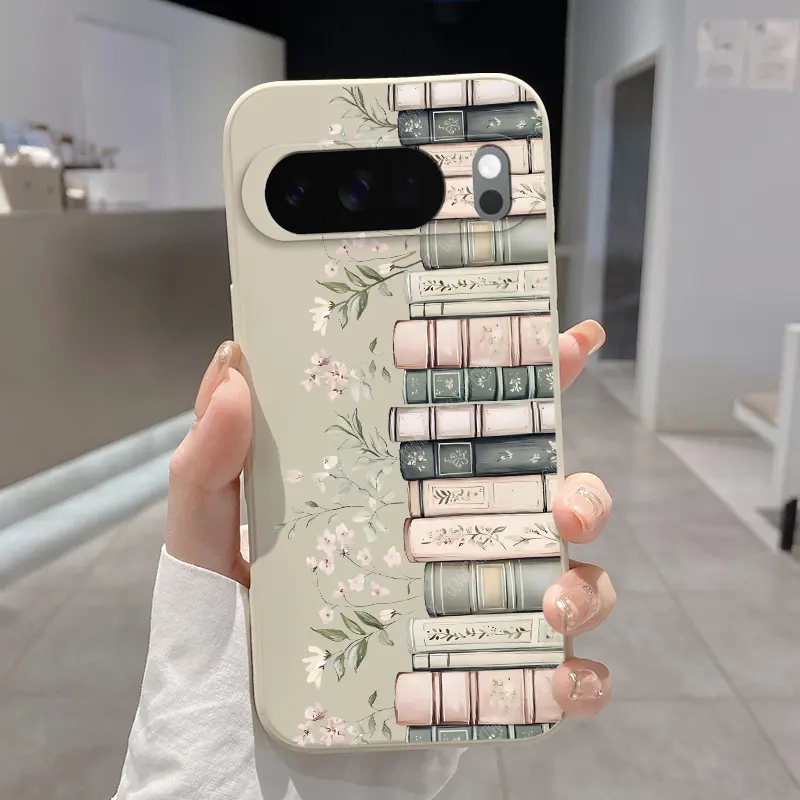 Rounded Edge Phone Case for Google Pixel 10 9 XL 8 7 Pro A  Floral Book Stack Pattern Anti-Scratch Shockproof TPU Bumper Drop-proof Cover Cellphone Protective