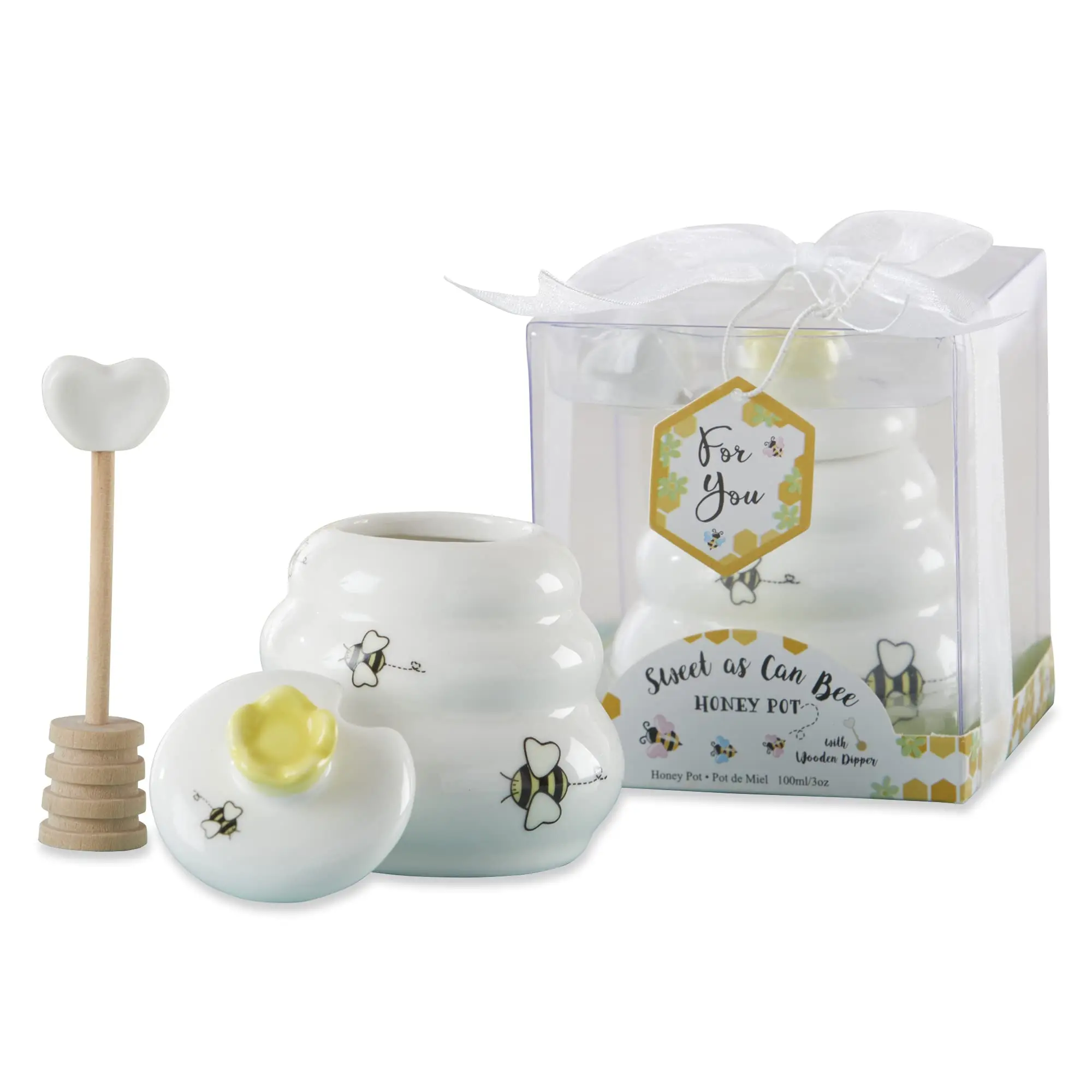Kate Aspen Ceramic Bee Hive Mini Honey Jar & Wooden Honey Dipper Kitchen Decor, Bumblebee Baby Shower Prize, Take Home Gift, Bee Decorations