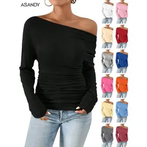 Women's flat pleated asymmetrical round neck off shoulder T-shirt, spring and autumn casual long sleeved T-shirt, suitable for daily wear, women's autumn clothing, cute office wear, women's frosted long sleeved black styleRAIMENTRY