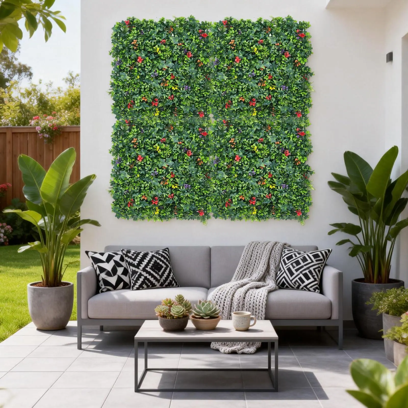 8pcs Multi-Pack Artificial Moss Trellis Panel, Garden Privacy Screen with Artificial Greenery Foliage, Peel and Stick Wall Decoration, Bamboo Fence Screening, Outdoor Garden Fence Screening 50x50CM auto repair garage acacia wood coffee table