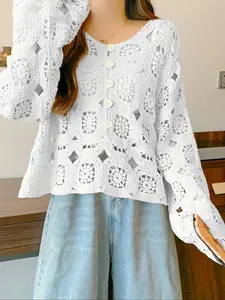 Women's Plain Hollow Out Open Front Crop Sweater, Elegant Long Sleeve Crochet Jumper for Summer, Fashion Women's Knitwear for Daily Wear