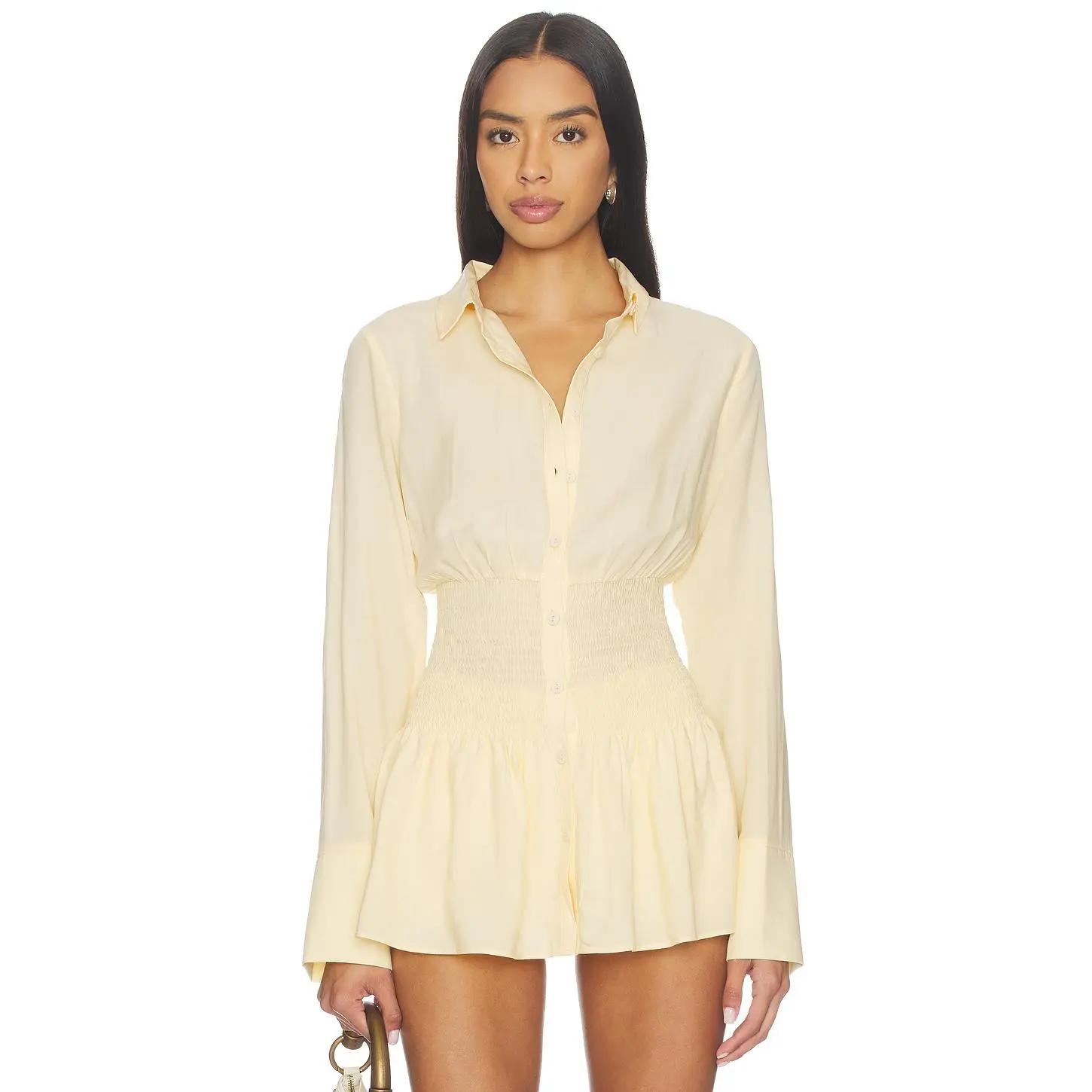 SEVEN WONDERS Adora Long Sleeve Shirred Shirt in Lemon