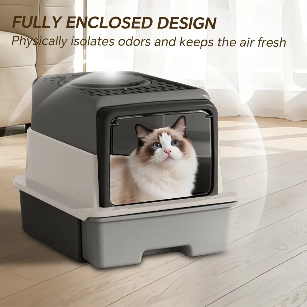 Extra Large Enclosed 3-Compartment Cat Litter Box, Odor Locking, Washable, with Hassle-Free Litter Scooping