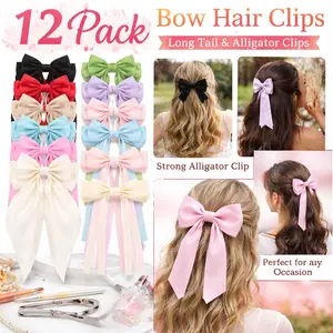12 Pcs Hair Bows for Women – 6 Big Hair Bow with Long Tail + 6 Tassel Ribbon Barrettes, Coquette Bows Ponytail Holder Metal Clips – Summer Sale, Mid Year Sale, Deals for You, Restock