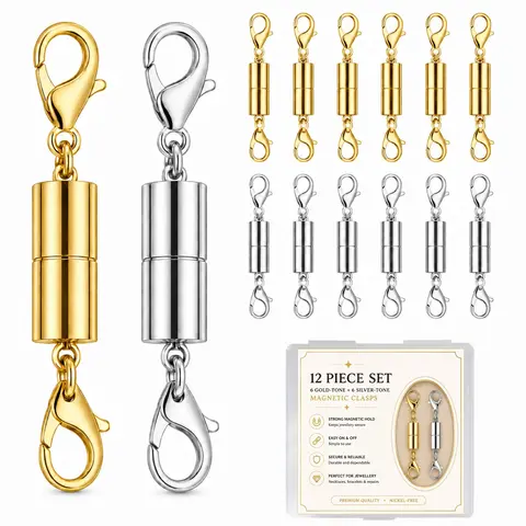 12 Pack Magnetic Necklace Clasps & Closures, Strong Magnetic Jewelry Extender, Gold Silver Plated Stainless Steel Connectors for Necklaces & Charms