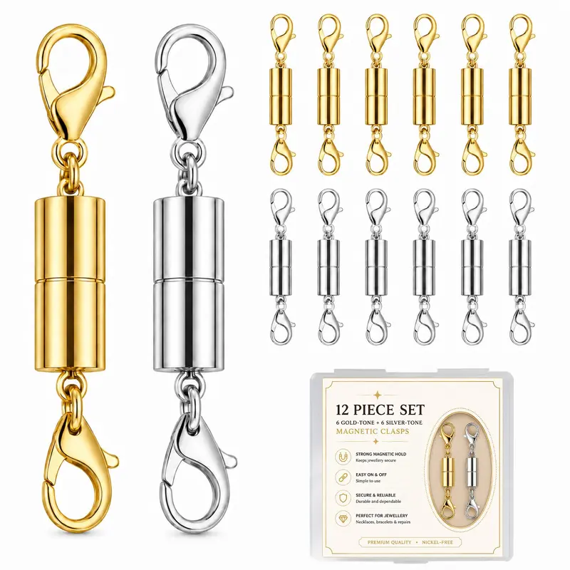 12 Pack Magnetic Necklace Clasps & Closures, Strong Magnetic Jewelry Extender, Gold Silver Plated Stainless Steel Connectors for Necklaces & Charms