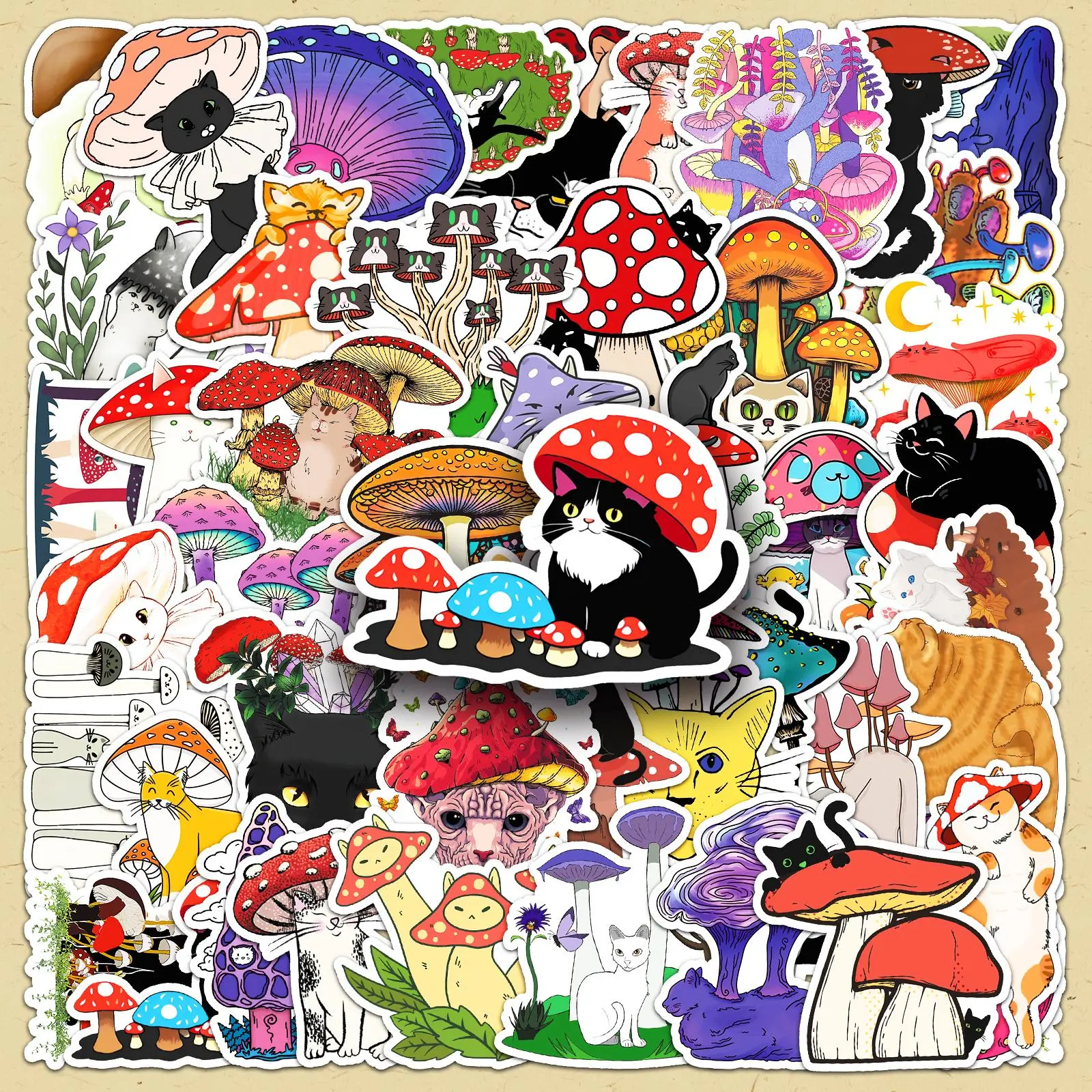 Mushroom & Cat Pattern Sticker, 100pcs/set Cute Cartoon Animal Decorative Sticker, DIY Decorative Sticker for Scrapbooking & Journal Making, DIY Art Stickers, Aesthetic Stickers, Animal Scrapbook Decals