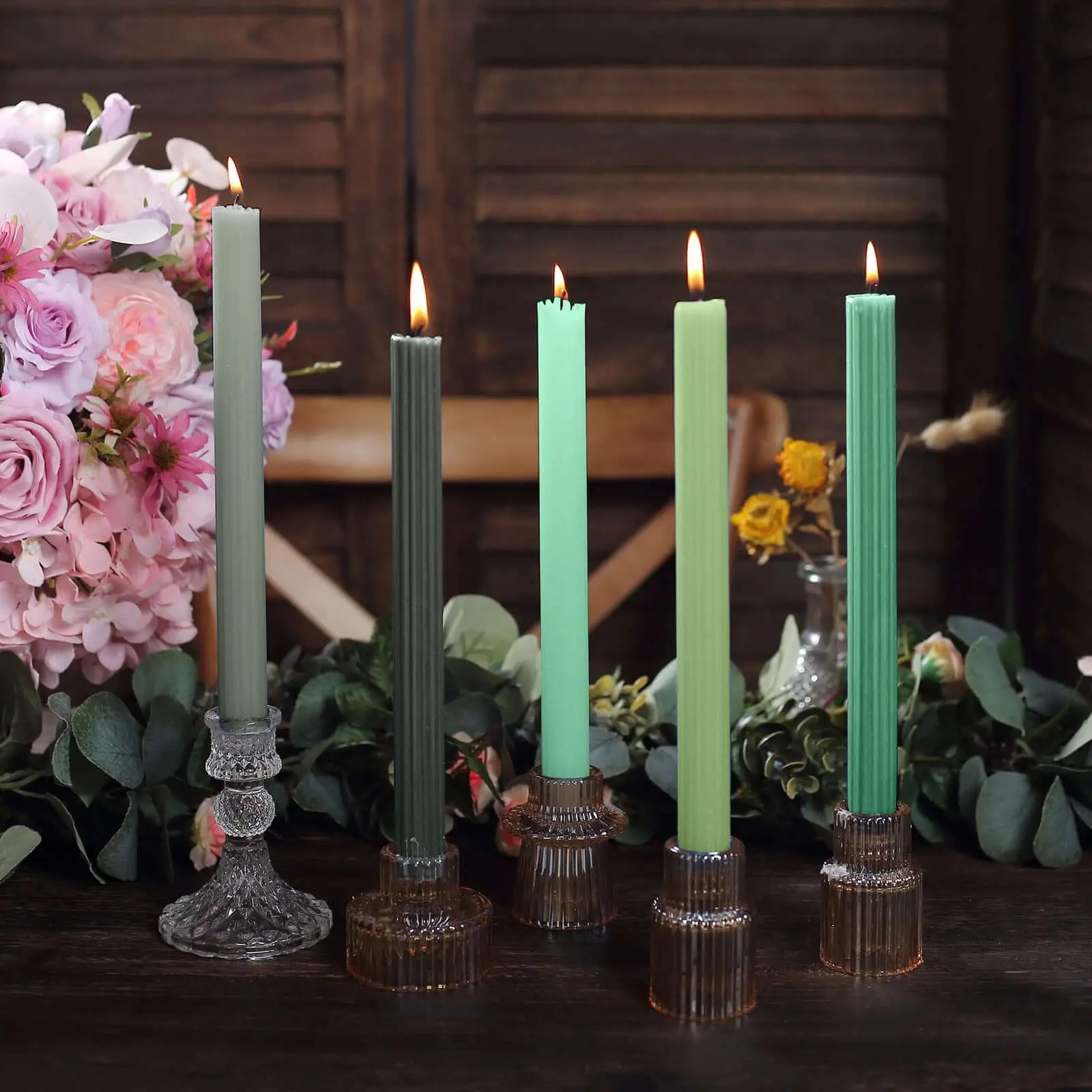 9" Premium Unscented Taper Wax Candles (5-Pack) - Ribbed Wick, Ribbon Design, Assorted Green, Formal Basics for Home Decor, Birthday Event Supplies, Cake Decoration