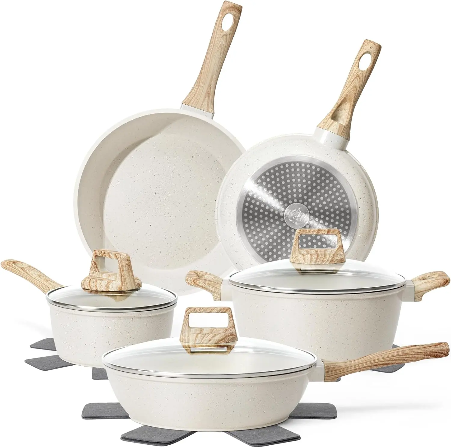 12-Piece White Granite Nonstick Cookware Set - Induction-Ready Aluminium Kitchen Set with Frying Pans, Saucepans, Glass Lids, Oil-Resistant Easy-to-Clean Surface, Heat-Resistant Handles, PFAS/PFOA/PFOS-Free Non-Toxic Nonstick Pots, Healthy Cooking, Health