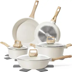 12-Piece Non-Stick White Granite Cookware Set, Induction-Ready Aluminium Kitchen Set with Frying Pans, Saucepans, Glass Lids, Oil-Resistant Surface, Heat-Resistant Handles, PFAS/PFOA/PFOS-Free Non-Toxic Healthy Cookware, Nonstick, Aluminum Base