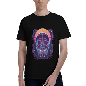 Retro 80S Synthwave Aesthetic, Wireframe Grid Skull, Neon Cyan And Magenta Glow, Pixelated 8-Bit Border, Retro Sunset Stripes, Cyberpunk Vaporwave Style, Black T-Shirt Print, Edgy Streetwear Graphic, Futuristic Skull Illustration, Retrowave Digital Art
