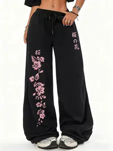 Japanese Cherry Blossom Print Black Wide-Leg Joggers – Wide Leg Cut Oversized Comfort Sweatpants with Drawstring Waist