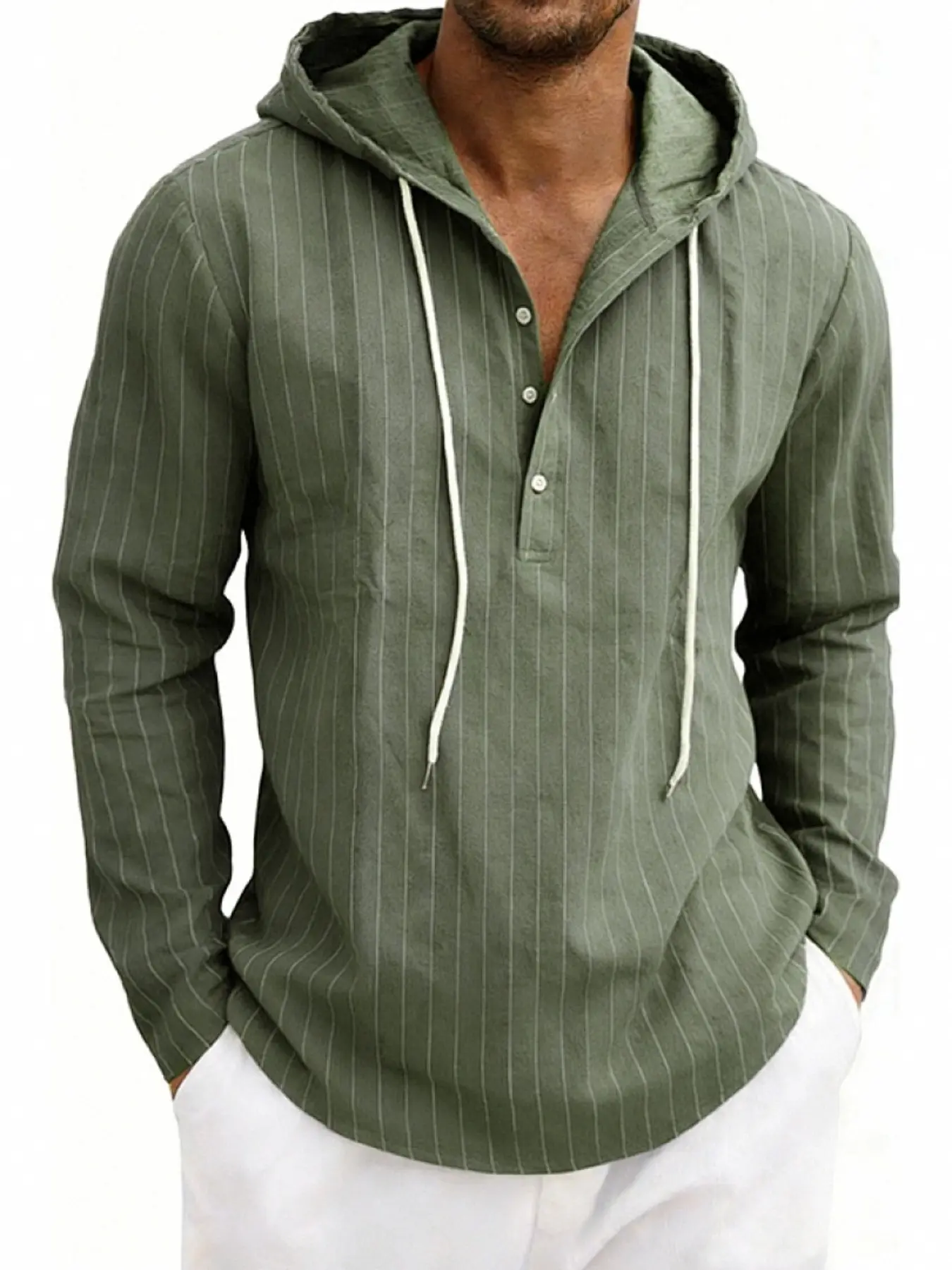 Men's Striped Linen Blend Hooded Shirt, Long Sleeve Half Button Henley Pullover, Lightweight Breathable Casual Hoodie, Casual Pullover Hoodies For Summer Beach Vacation Daily Street Wear, Casual Streetwear Hoodie