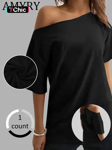 Women's Solid Asymmetrical Neck Tee, Casual Loose  T-shirt for Daily Wear, Ladies Clothes for All Seasons, Top