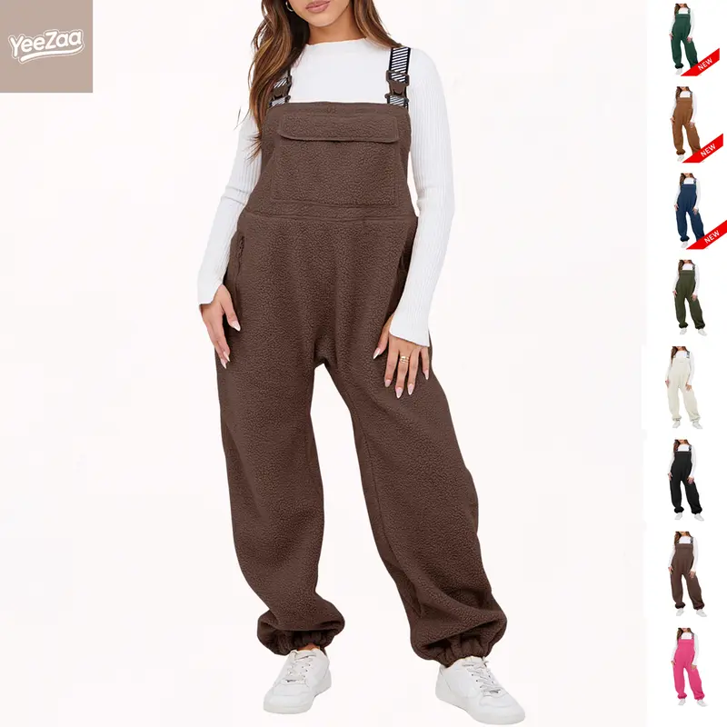 YeeZaa Fleece Sherpa Overall Fuzzy Loose Fit Bib Pants with Adjustable Straps Zippered Pockets - 2026 Fall/Winter Warm Women's Casual Thermal Baggy Buckle Jumpsuit