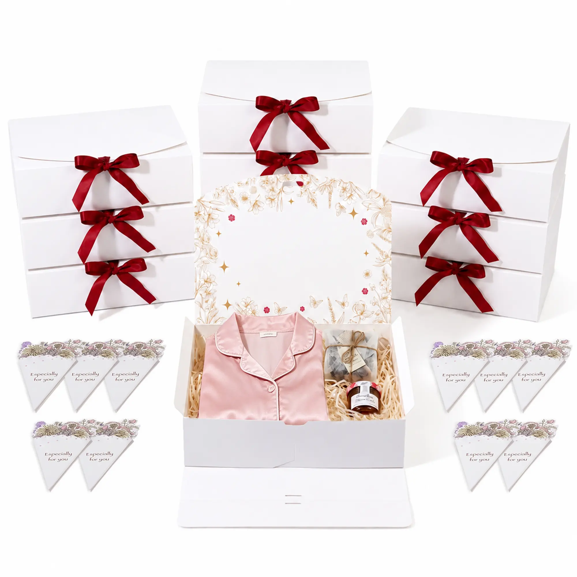 Amalee White Gift Boxes with Lids and Ribbon, 10 Pack, 10.6x7.8x3.1 Inch | 350gsm cardstock bridesmaid proposal boxes with 10 greeting cards for wedding, birthday, Christmas, graduation gifts