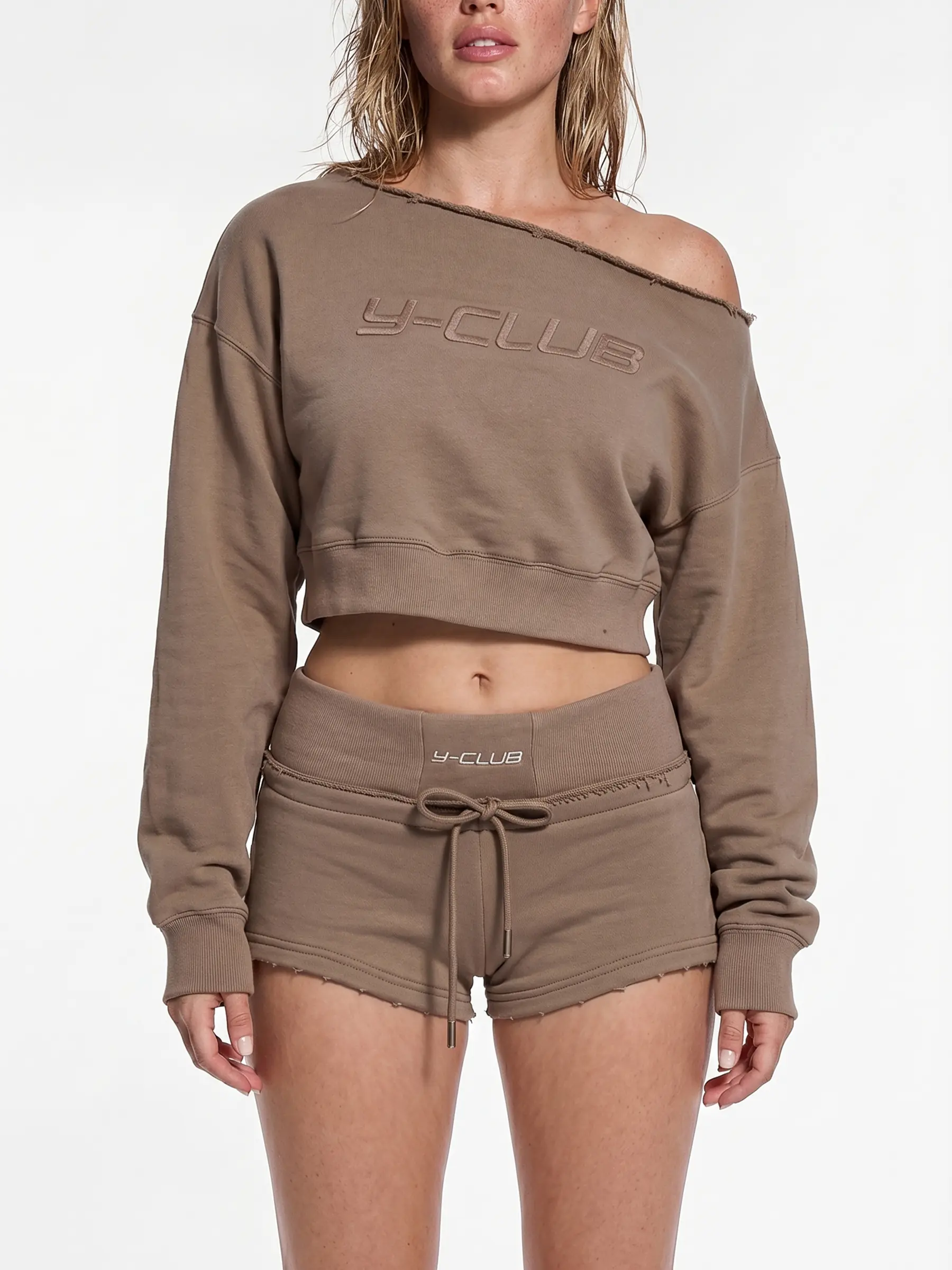 YU-YU Mother's Day Gift Slouchy Shoulder Crop Sweatshirt Set, Soft Comfy Clean Fit Two Piece Outfit, Trendy Y2K Streetwear Loungewear for Women Activewear Set