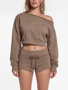 YU-YU Mother's Day Gift Slouchy Shoulder Crop Sweatshirt Set, Soft Comfy Clean Fit Two Piece Outfit, Trendy Y2K Streetwear Loungewear for Women Activewear Set