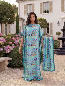 Women's Elegant Geometric Print Shawl, Long Robe Pullover Scarf, Beach Sun Protection Silk Ribbon, All Seasons Fashion Accessory