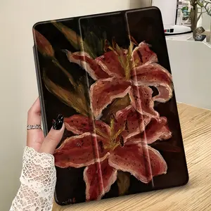 Retro red lily oil painting pattern, with adjustable stand and pen slot, foldable anti slip TPU protective cover, suitable for Samsung, iPad mini, iPad Air, iPad Pro/iPad 10th generation, 11th generation and other series of iPad protective covers