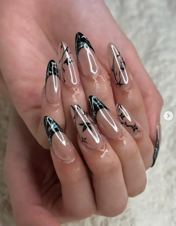 Black French Tip Press On Nails, Nude Almond Tattoo Nail Art, Abstract Star Design, Gothic Y2K Manicure, Reusable Handmade Press On Nail Set