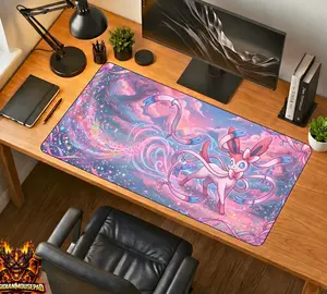 Sylveon Anime Mousepad - Fairy Type Desk Mat Kawaii Eeveelution Gaming Mouse Pad Pastel Magic Scene Large Gaming Mousepad