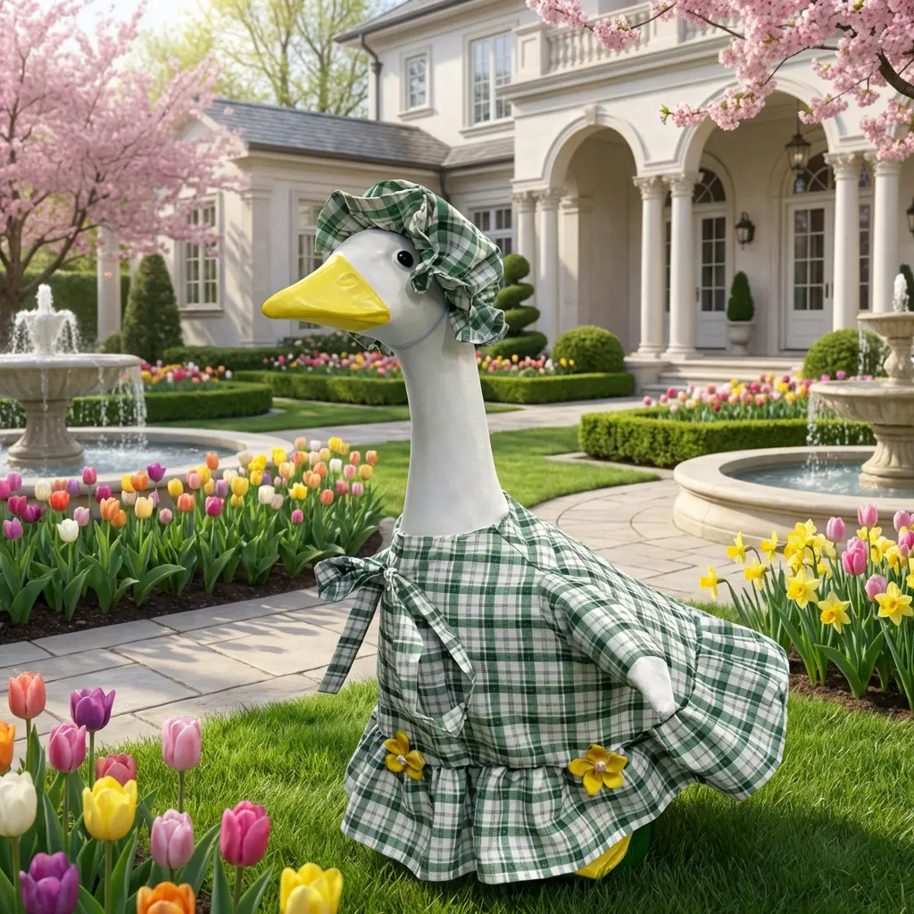 23" Patio Lawn Goose Cement Statue Outfit Set, Cute Plaid Storybook Costume with Flower Dress & Hat, Adjustable Straps, All Seasons Home Decor Garden Art Supplies (1 Set)