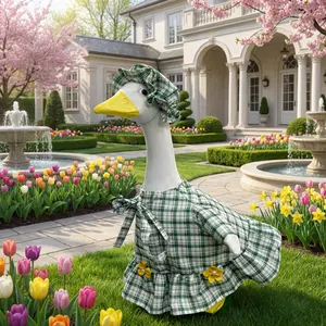 Spring Porch Goose Outfit for 23" Patio Lawn Goose Cement Statue Costume Set Cute Plaid with Flowers Dress with Hat for Garden Patio Statue Art Decor Yard Summer Holiday Outdoor Garden Decor Goose Cloths