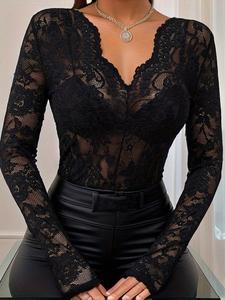 women's sheer floral lace cover up top, aesthetic elegant scallop trim long sleeve lightweight v neck top for party holiday vacation, ladies clothes for all seasons, womenswear, blouse