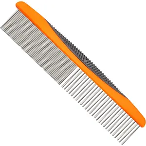 Metal Dog Comb, Cat Comb with Rounded and Smooth Ends Stainless Steel Teeth and Non-Slip Grip Handle, Professional Dog Grooming Tools for Removes Tangles and Knots, Greyhound Comb