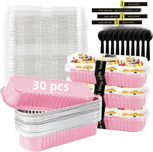 NEW DEAL - 30 Pack Pink Disposable Rectangular Aluminum Foil Loaf Pans with Lids,6.8oz Mini Cake Pans for Baking, Loaf Baking Pans, Small Cake Container