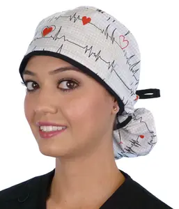 Big Hair Ponytail Surgical Scrub Cap - Perfect Scrub Cap for Long Hair - Heartbeats on White with Black Ties