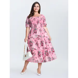 BLOOMCHIC Women's Plus Size Floral Print Stretchy Waist Shirred Midi Dress - Smooth Garment with Sleeves Swimweek