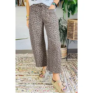 Khaki Leopard Print Drawstring Waist Pocketed Wide Leg Jeans Fashion Fit Women's Chic Everyday Bottoms Pants Womenswear wendy  jeans Baggy Horseshoe Patchwork Jeans J895