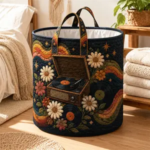 Boho Laundry Basket with Handles, Large Quilted Storage Basket for Blankets, Clothes & Toys, Vintage Floral Hamper for Bedroom, Nursery & Living Room Decor