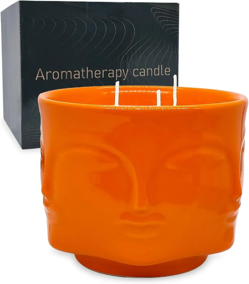 20oz 3-Wick Pumpkin Scented Nature Aroma Soy Wax Candle in Orange Decorative Buddha Ceramic Pot, Large Home Decor for Halloween, Thanksgiving, Christmas Holiday Celebration