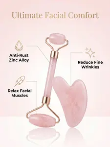 1PC Natural Rose Quartz Jade Roller and Gua Sha Set, Facial Massage Roller Gua Sha Board Kit, Skin Soothing Relaxation Massager, Premium Home Skincare Essential Beauty Tool for Face & Eye Care