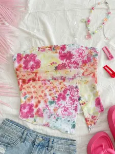 1 Spring Summer Floral Print Tube Top Women | Clear Strap Sleeveless Ruched Bust Lettuce Hem Fitted Crop Top | Y2K Coquette Style for Vacation Date Night Wear Casual Comfy Cami