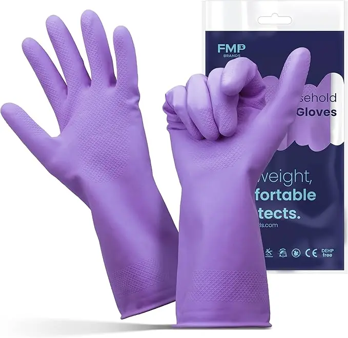 FMP Brands Purple Rubber Dishwashing Gloves, 12" Long Cuff, Waterproof Non-Slip Gloves for Kitchen & Household Cleaning (3/6/12 Pairs)