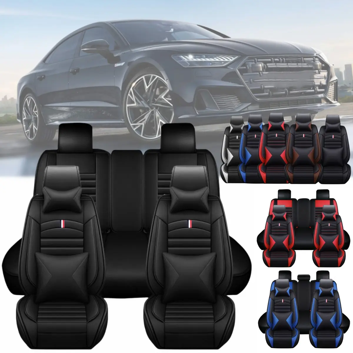 Premium Napa PU Leather Full Set Automotive Seat Covers for Toyota Corolla 5-Seat, Front & Rear Protectors with Breathable Cushions, 2 Head Pillows, 2 Waist Pillows, Storage Bag, Waterproof - Car Interior Decor, Car-Safe Gift Sets