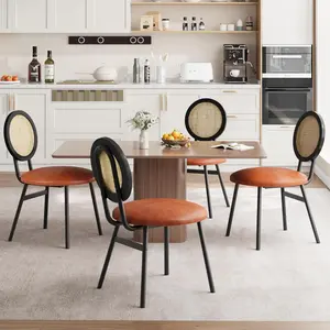 Gaomon 4-Piece Modern Leather Dining Chairs, Indoor Back-Friendly Craft Chairs, Whiskey Brown Metal Frame, Hand-Woven Rattan Backrest, Faux Leather Seat, Modern Dining Chairs